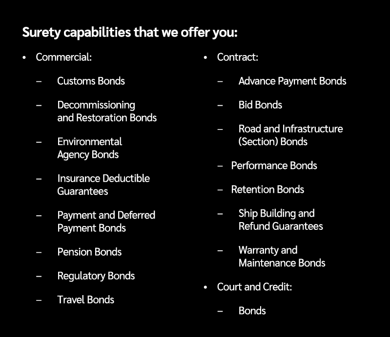 Surety capabilities that we offer you: • Commercial: – Customs Bonds – Decommissioning and Restoration Bonds – Enviro...
