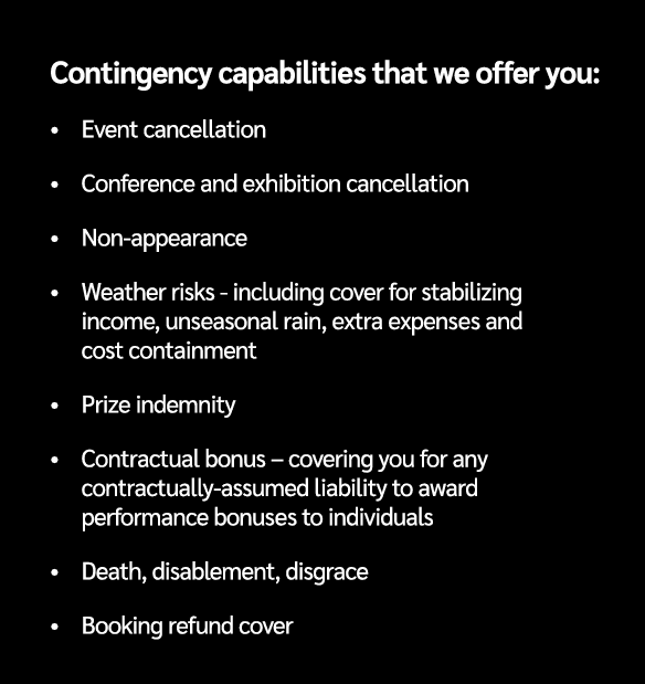 Contingency capabilities that we offer you: • Event cancellation • Conference and exhibition cancellation • Non appea...