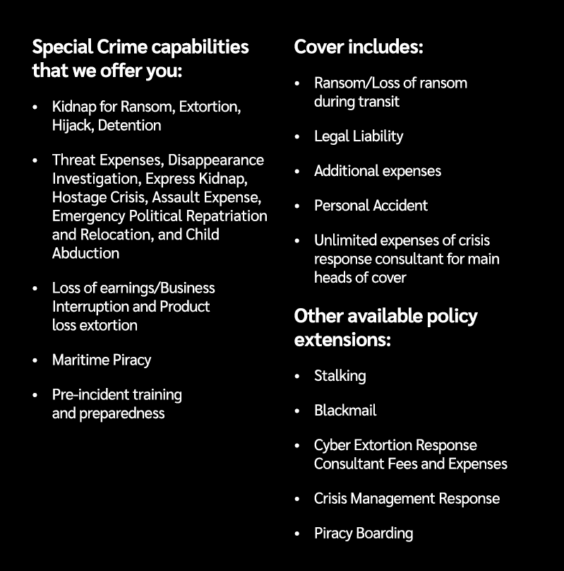 Special Crime capabilities that we offer you: • Kidnap for Ransom, Extortion, Hijack, Detention • Threat Expenses, Di...