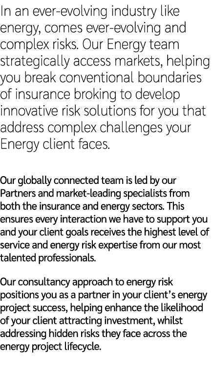 In an ever evolving industry like energy, comes ever evolving and complex risks. Our Energy team strategically access...