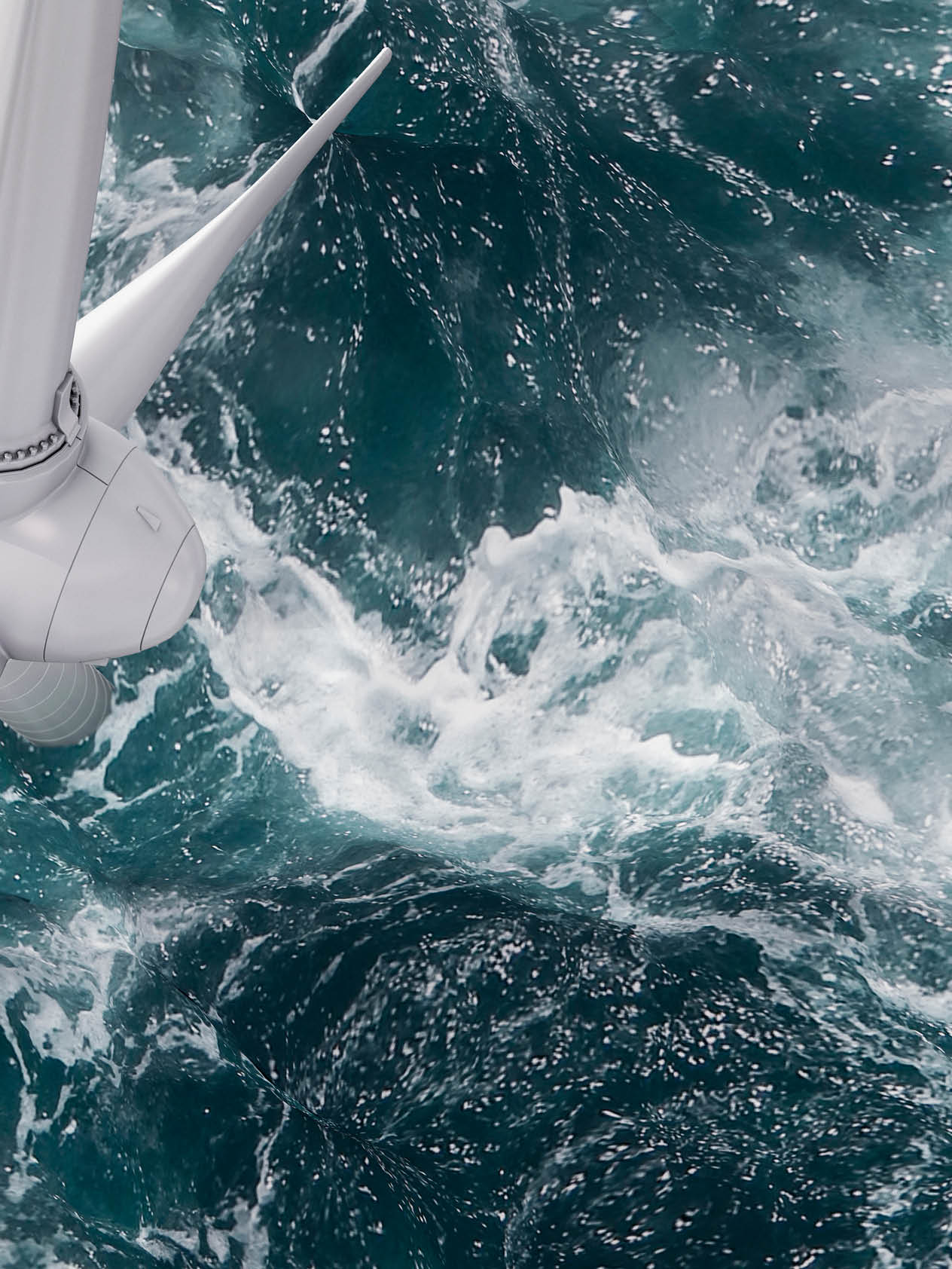 Aerial panorama of a close up wind turbine on the ocean
